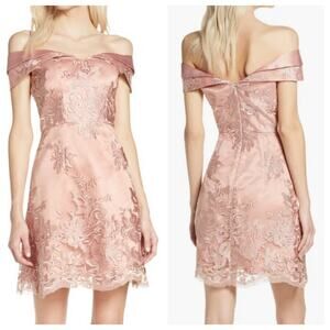 Chi Chi London Mini Dress Off the Shoulder Embroidered Pink Satin New